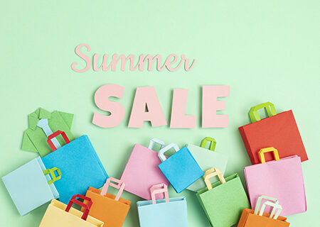 Word Summer Sale and shopping paper bags. Sesonal sale, online deals, discounts, promotion, shopping addiction concept
